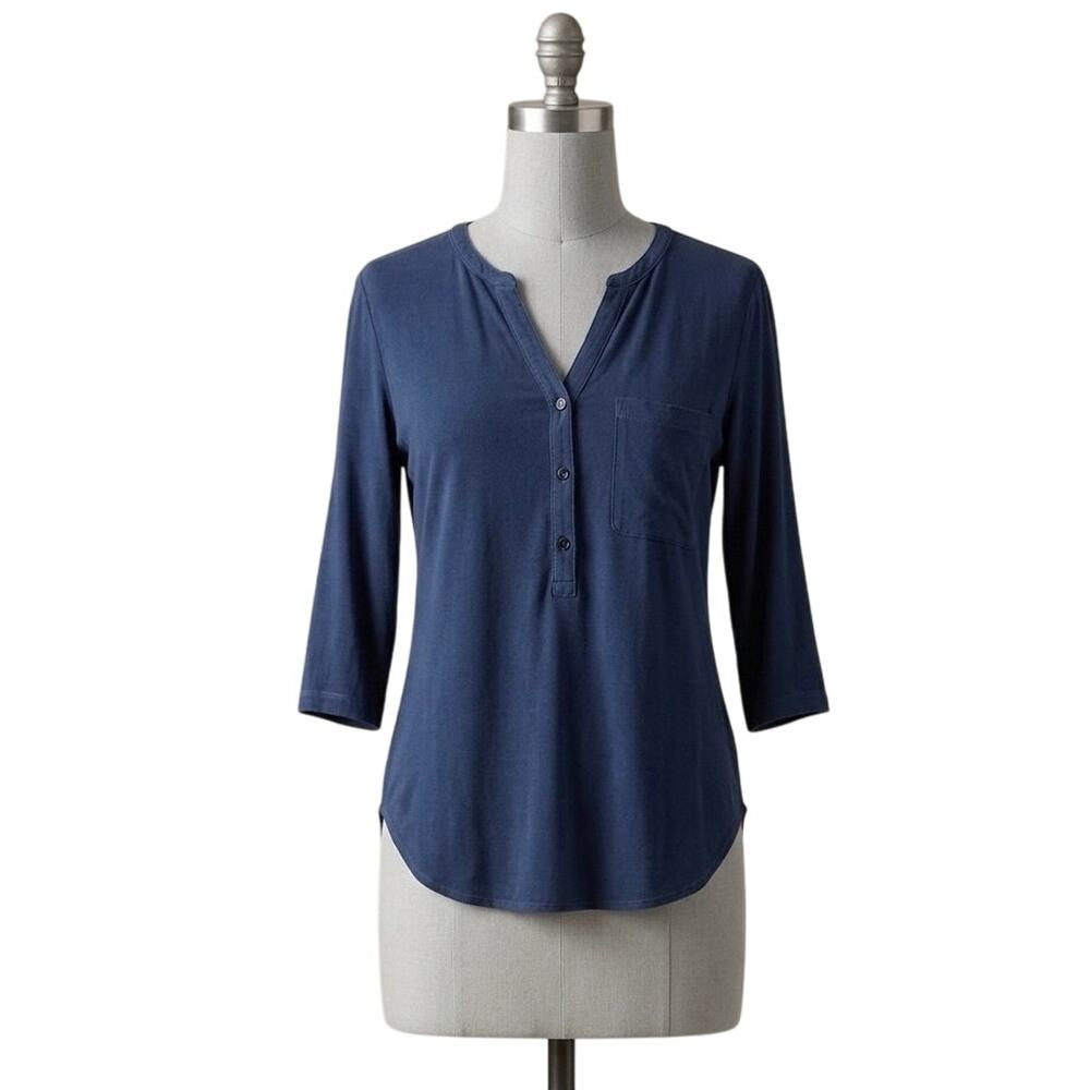 Cloth & Stone Anthropologie Blue Rayon Hi-Low Button Down Blouse Shirt Small S
